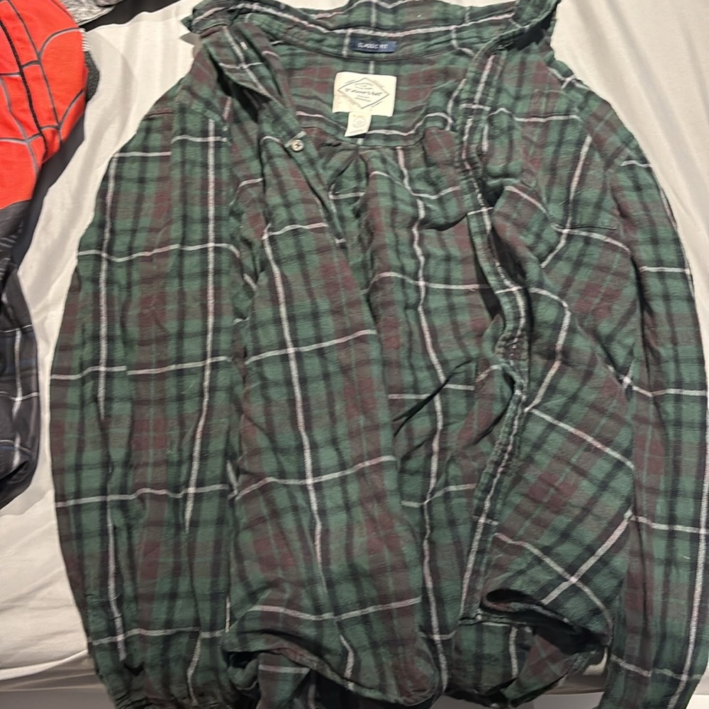 men’s green plaid love sleeve button up